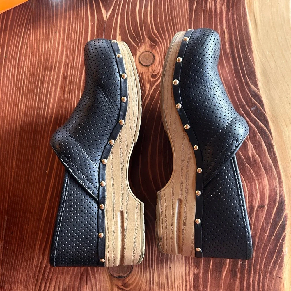 Dansko Black Perforated Clogs with Tan Sole - Picture 9 of 14